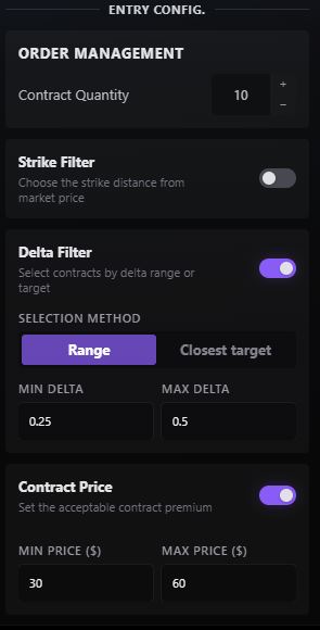 Configuración de entrada: cantidad, delta y precio